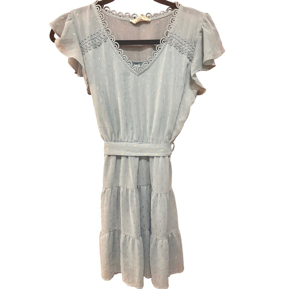Sweet Wanderer Blue Gold Metallic‎ Clip Dot Crochet Lace Flutter Sleeve  Dress M